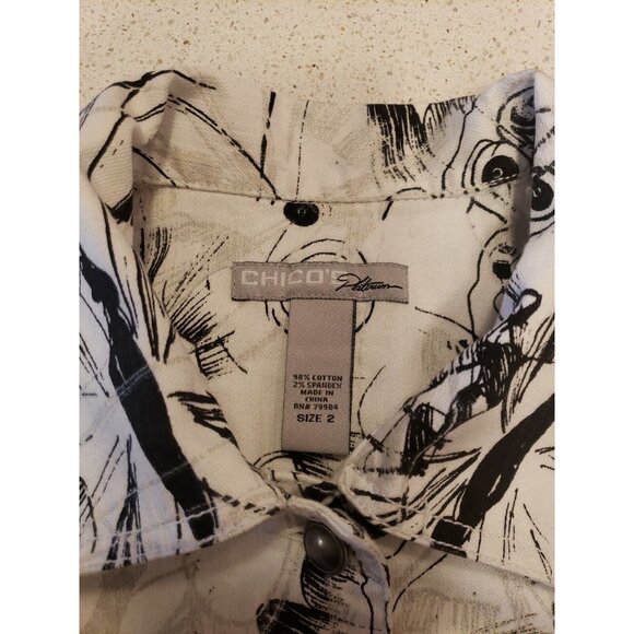 Chicos Denim Jacket Womens Sz 2 L Black Silver Graffiti Print Stretch Cotton - Picture 7 of 12